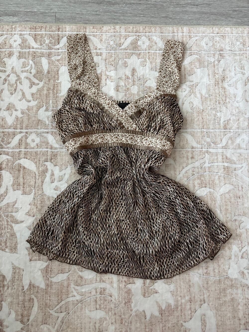 IZ Byer California Brown Patterned Sheer Wrap Babydoll Y2k Top